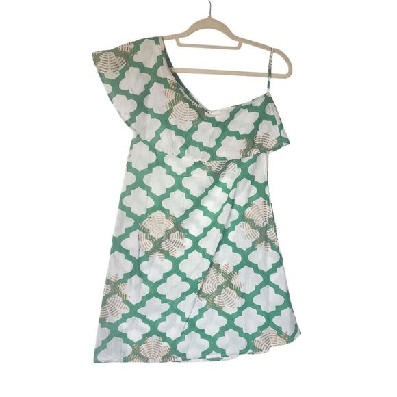 Oliphant Mini Dress Women's XS White Green One Shoulder Geometric Pattern Cotton - Picture 1 of 8